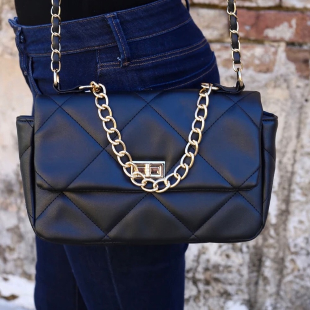 Caroline Hill Black Quilted Crossbody with Gold Accent Chain